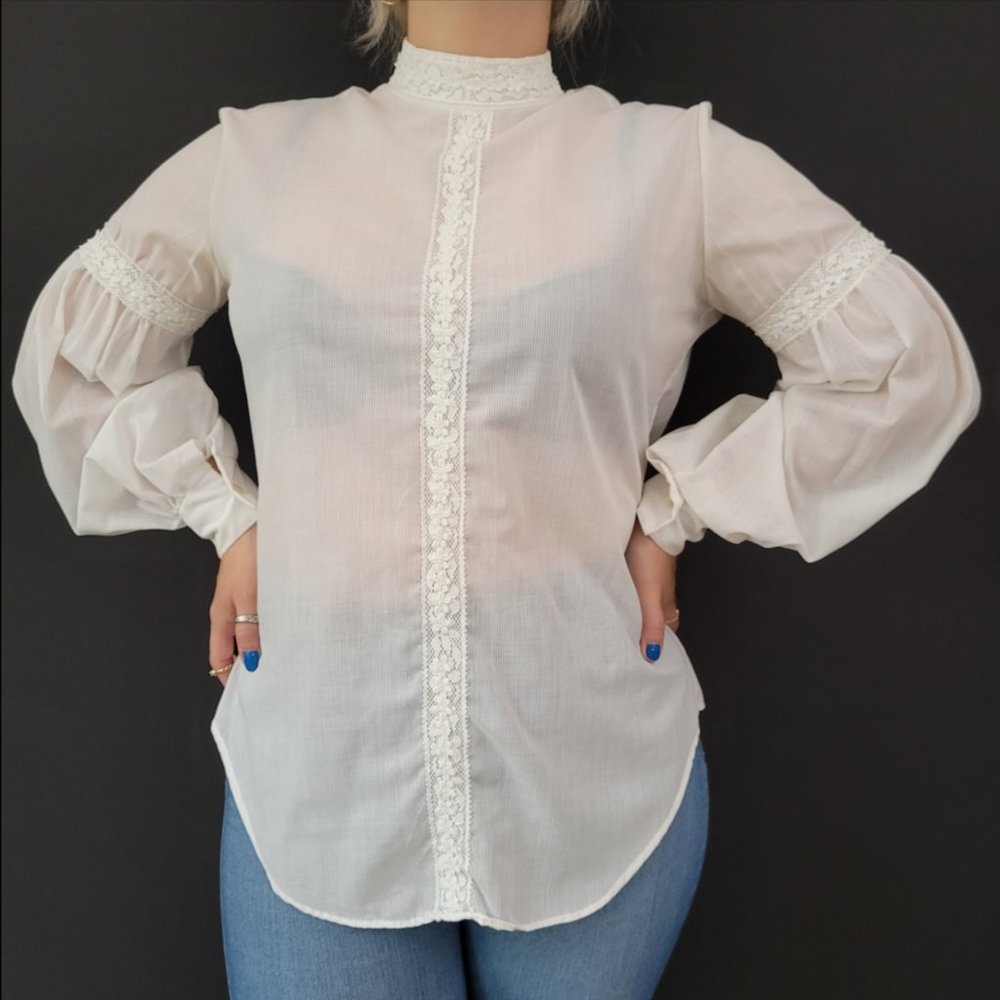 60s/70s Mardi Modes Lace Sleeve Lace Trim High Neck Blouse